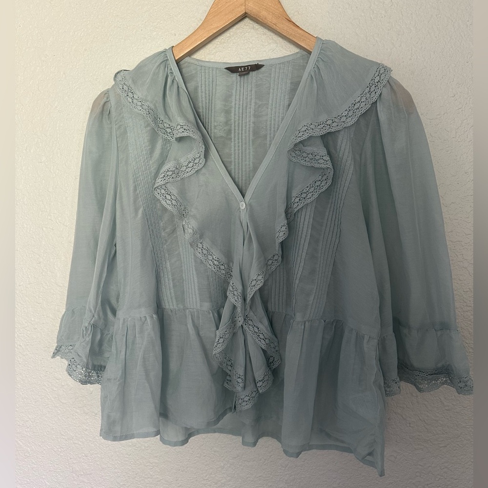 AE77 Cotton Silk Ruffle Blouse Sheer Peplum Lace Trim Boho Romantic Top S